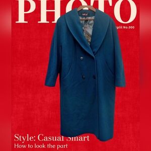 Alorna Elegant Teal Double-Breasted Over Coat Lined Wool Blend Vintage Petite